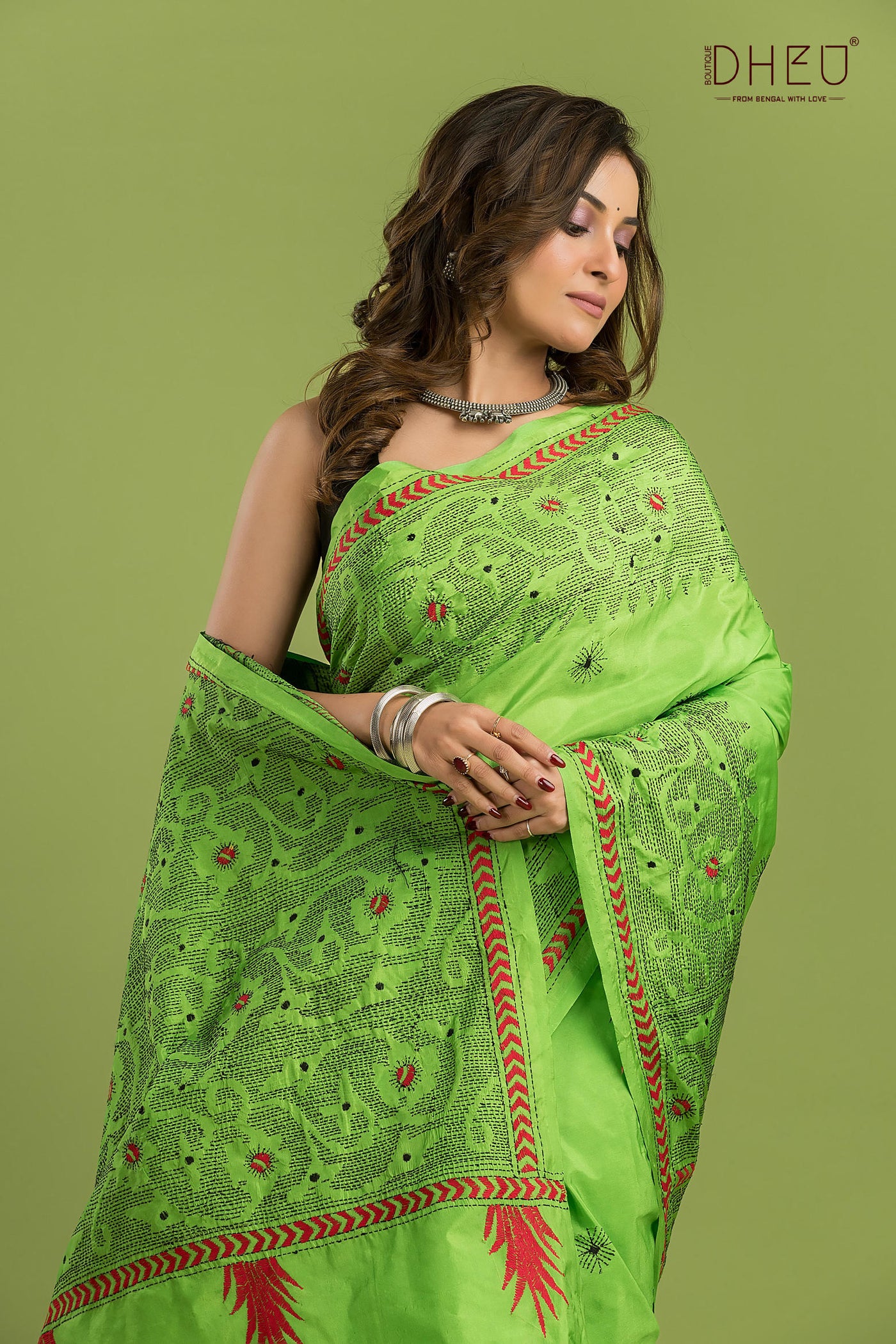 Bangalore Silk Kantha Stitch Saree