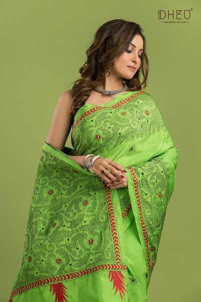 Bangalore Silk Kantha Stitch Saree