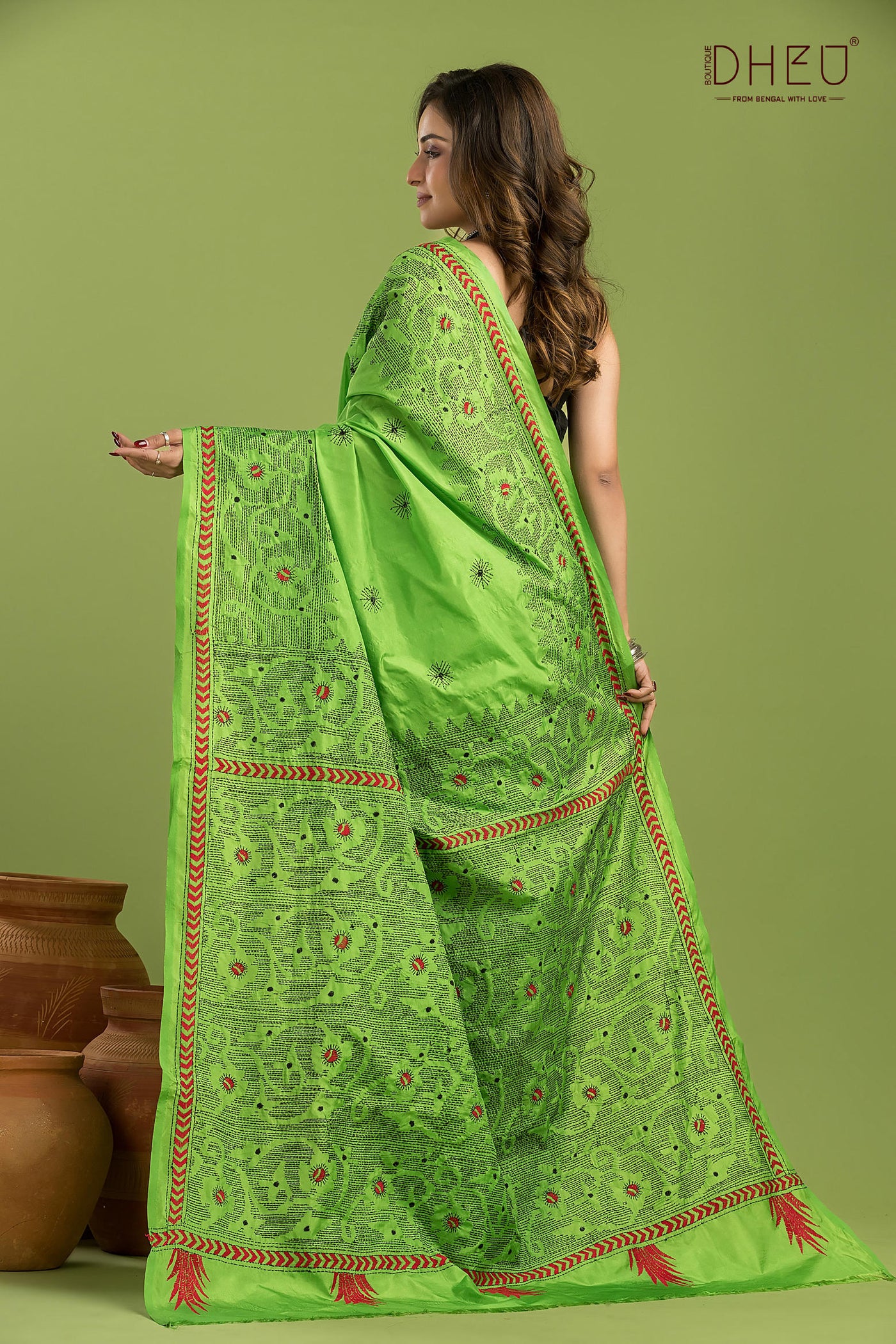 Bangalore Silk Kantha Stitch Saree