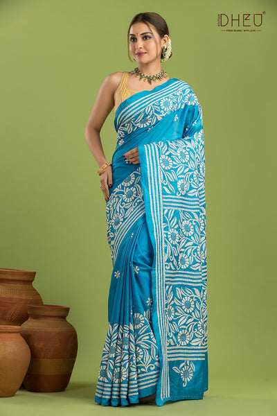 Bangalore Silk Kantha Stitch Saree
