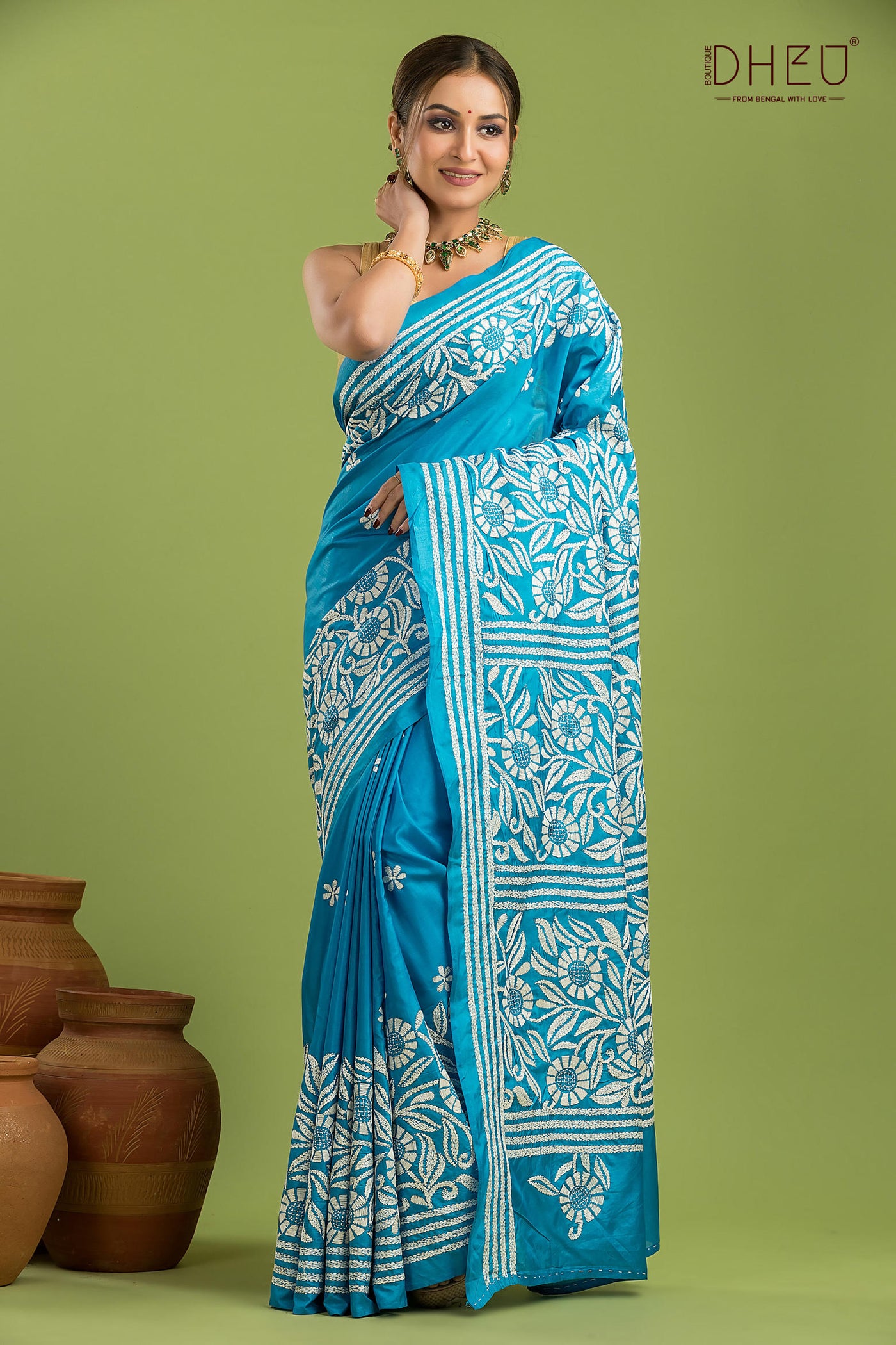 Bangalore Silk Kantha Stitch Saree
