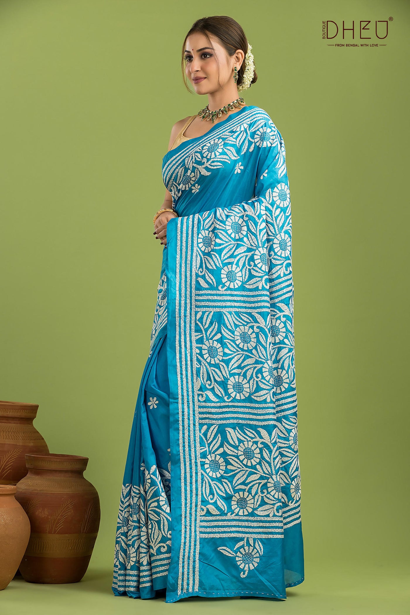 Bangalore Silk Kantha Stitch Saree