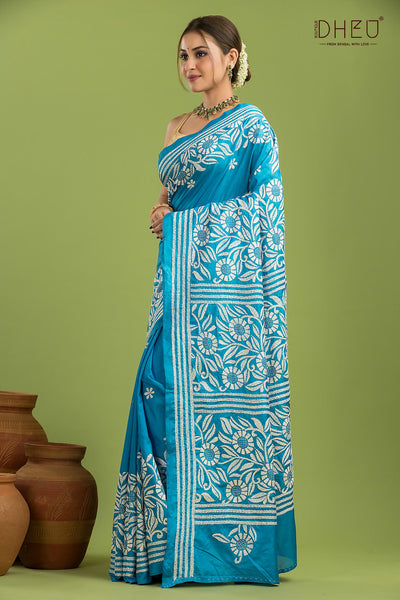 Bangalore Silk Kantha Stitch Saree
