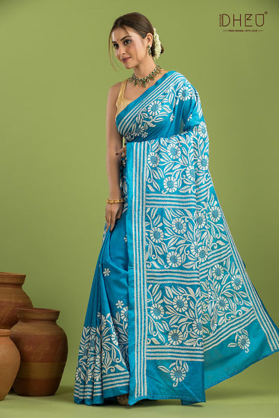 Bangalore Silk Kantha Stitch Saree
