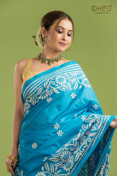 Bangalore Silk Kantha Stitch Saree