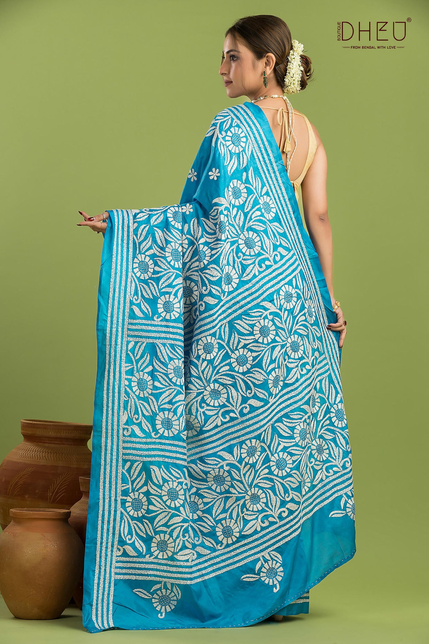 Bangalore Silk Kantha Stitch Saree