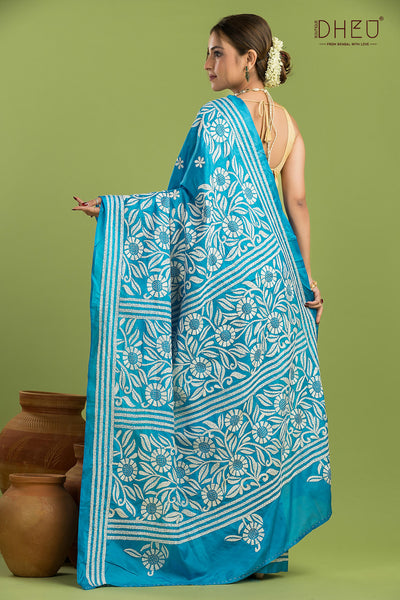Bangalore Silk Kantha Stitch Saree
