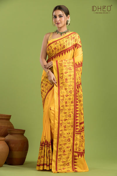 Bangalore Silk Kantha Stitch Saree