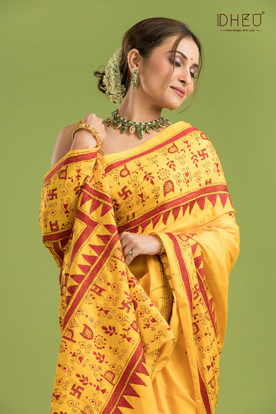 Bangalore Silk Kantha Stitch Saree