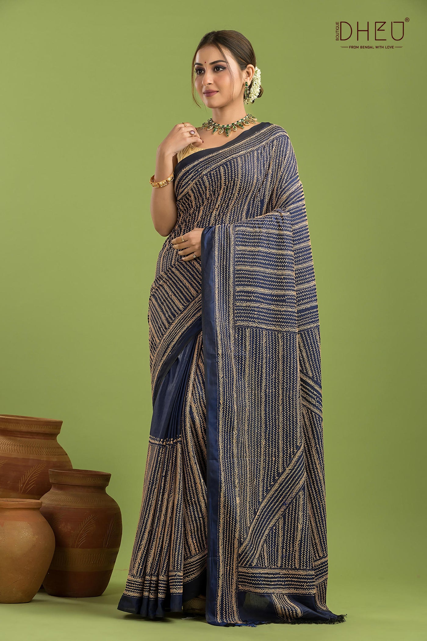 Bangalore Silk Kantha Stitch Saree