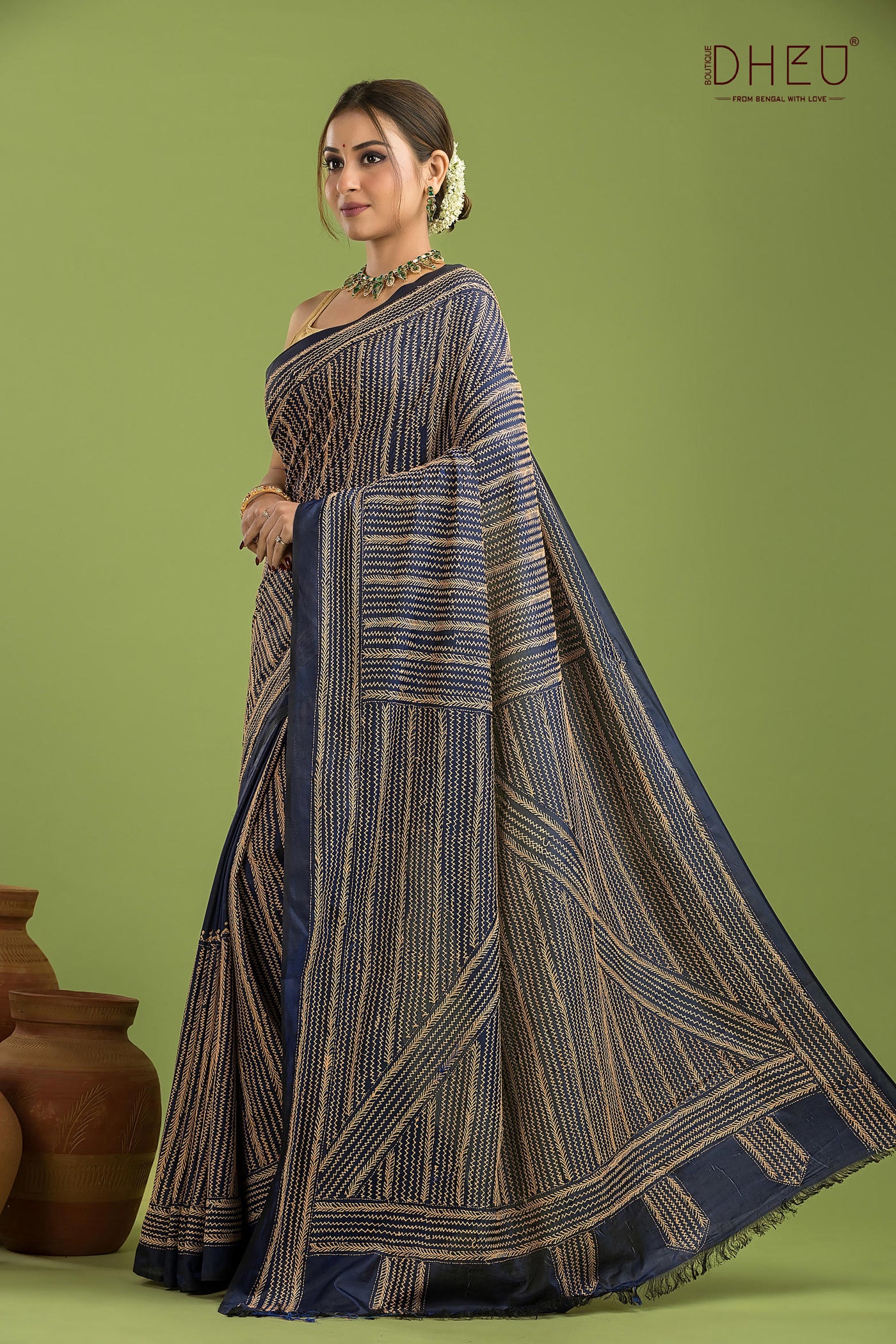 Bangalore Silk Kantha Stitch Saree
