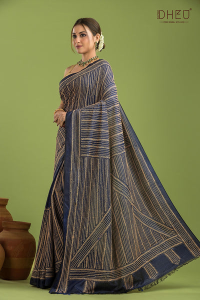 Bangalore Silk Kantha Stitch Saree