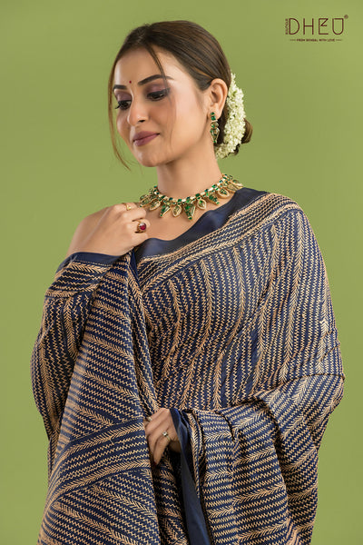 Bangalore Silk Kantha Stitch Saree