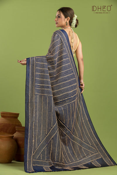Bangalore Silk Kantha Stitch Saree