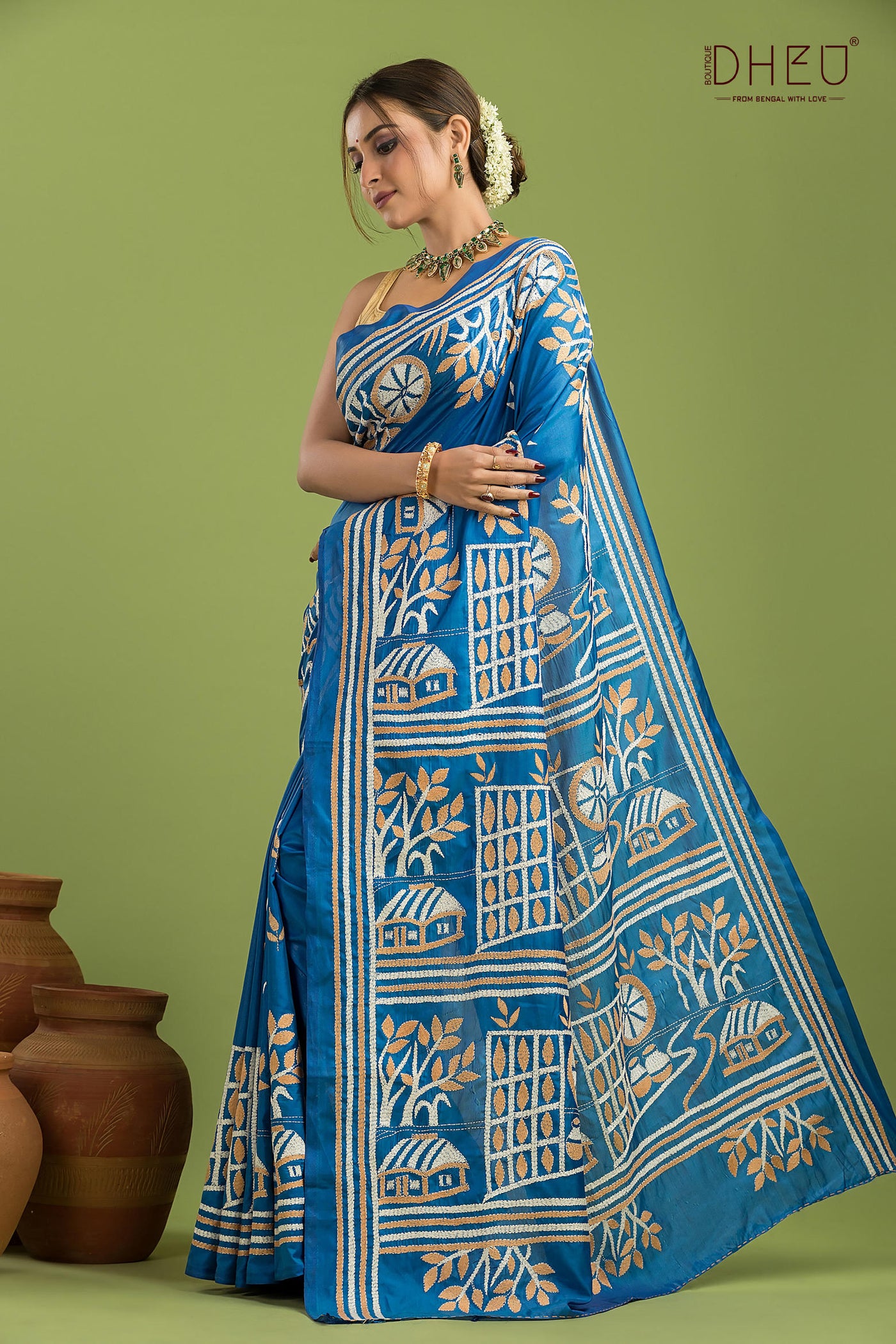 Bangalore Silk Kantha Stitch Saree