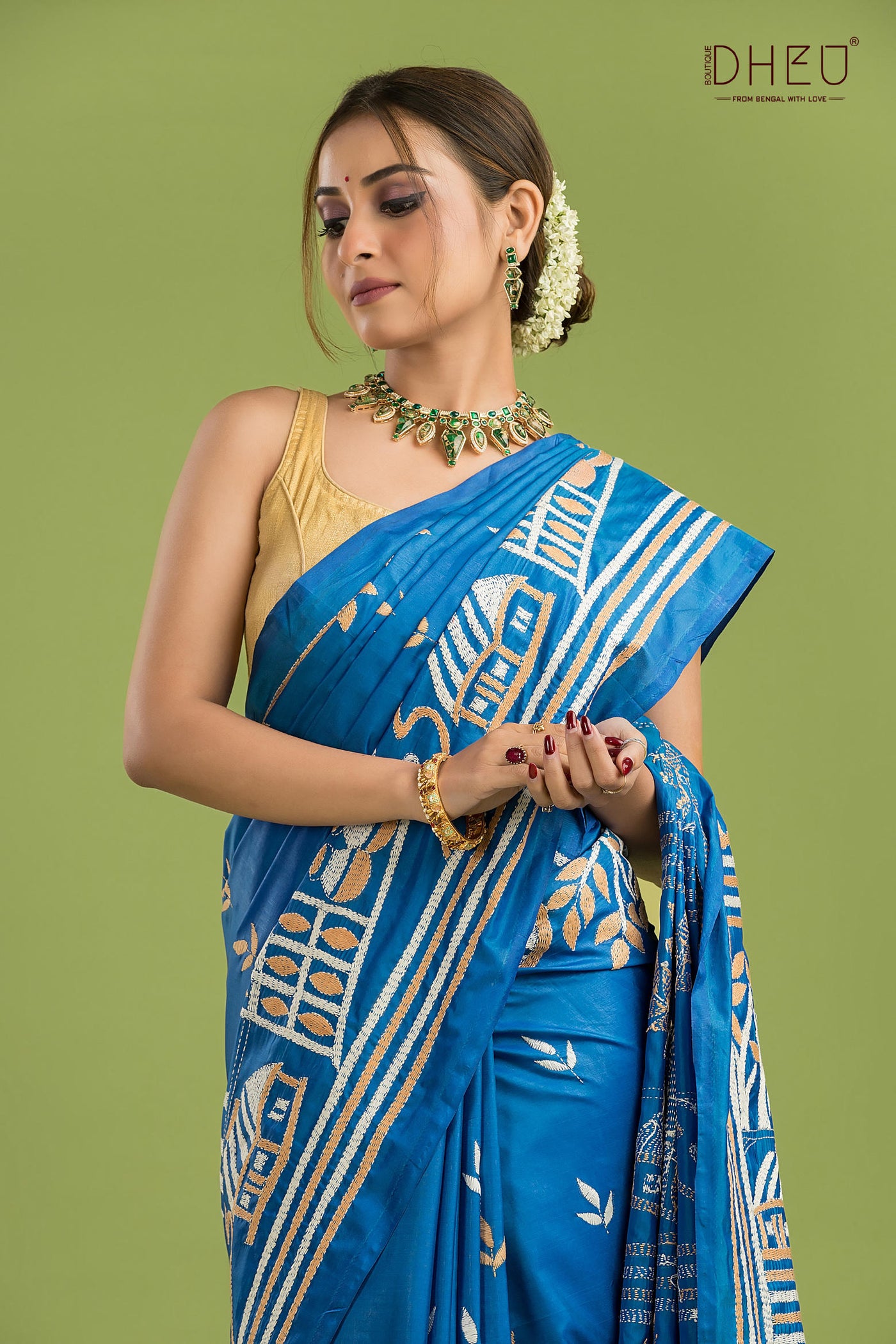 Bangalore Silk Kantha Stitch Saree