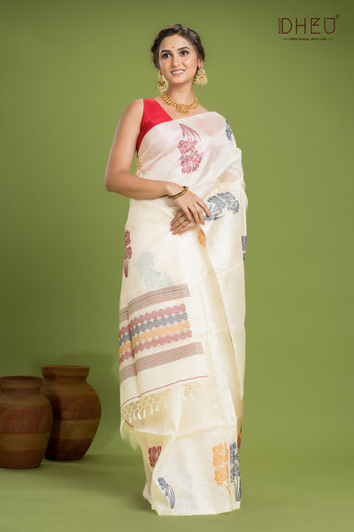 Pure Tussar Silk Jamdani Saree (Silk Mark Certified)