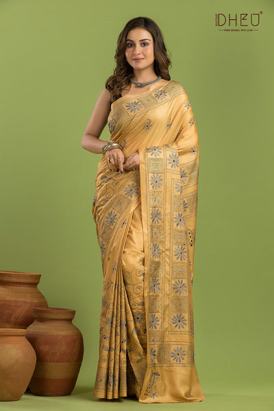 Bangalore Silk Kantha Stitch Saree
