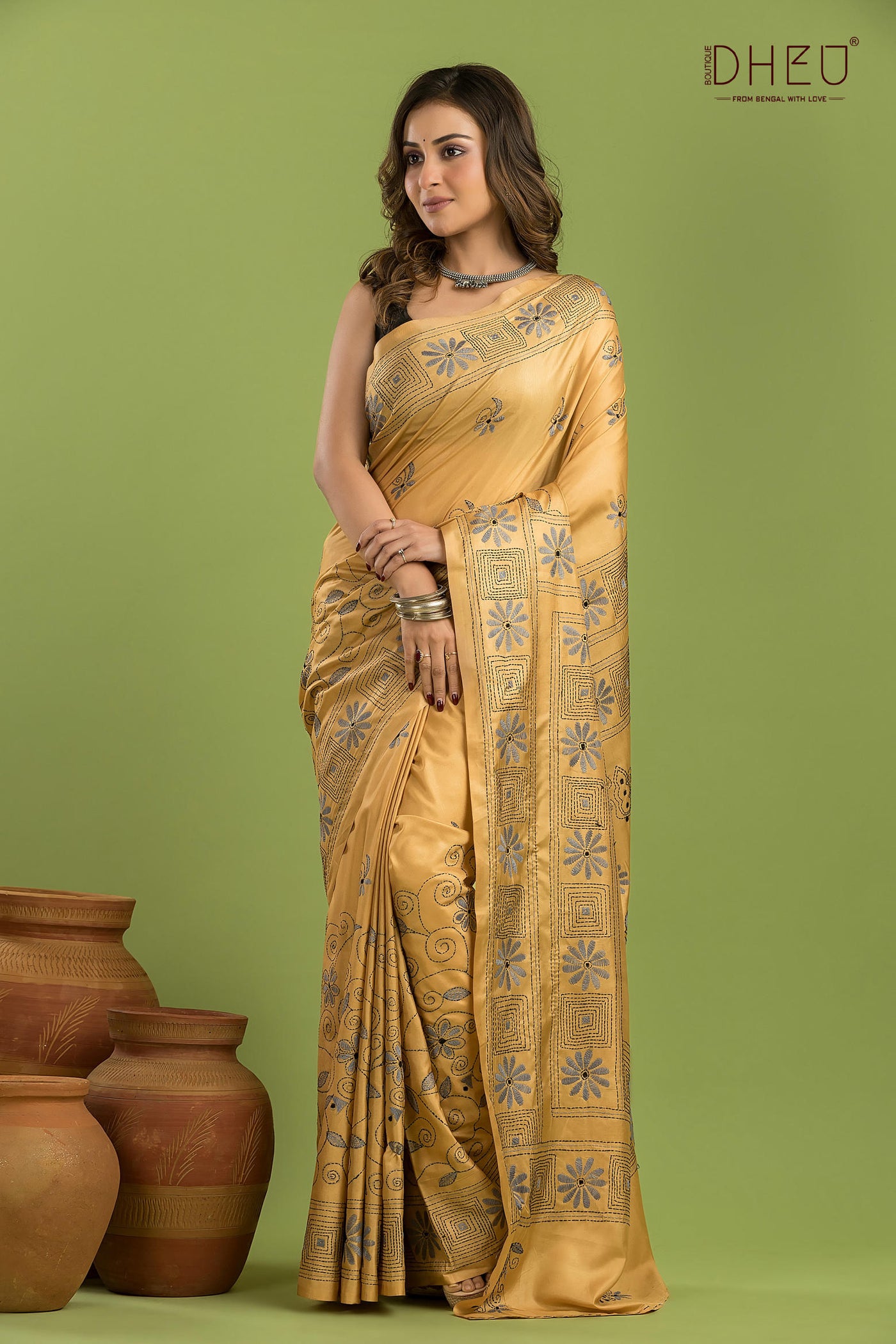 Bangalore Silk Kantha Stitch Saree