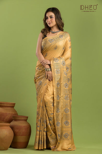 Bangalore Silk Kantha Stitch Saree