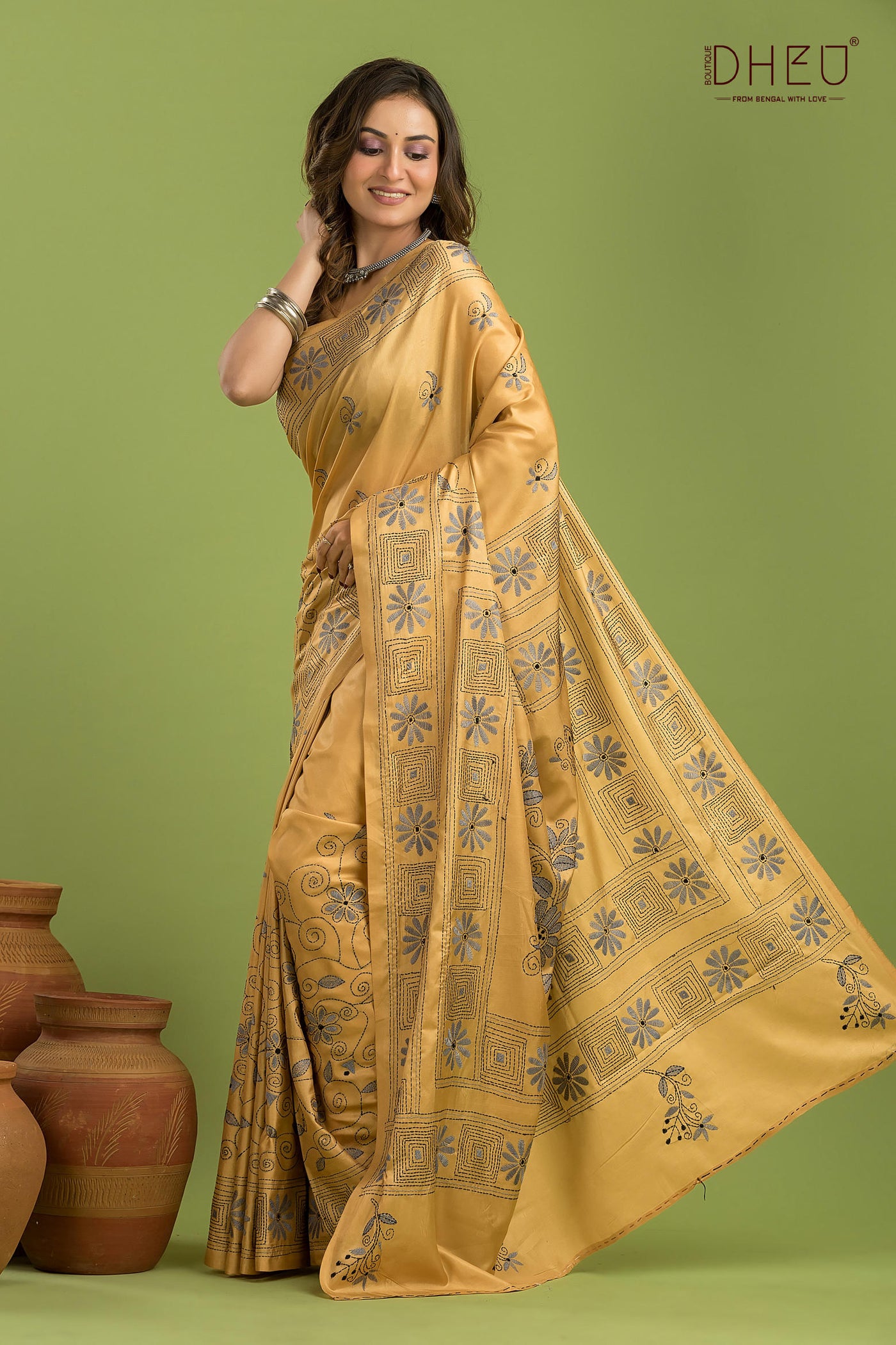 Bangalore Silk Kantha Stitch Saree