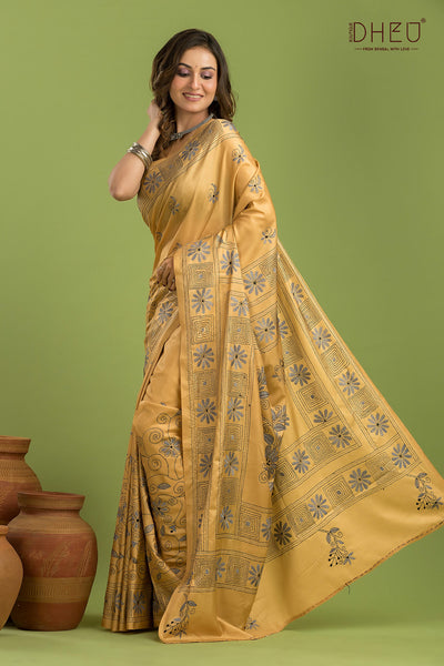 Bangalore Silk Kantha Stitch Saree