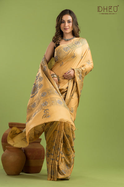 Bangalore Silk Kantha Stitch Saree