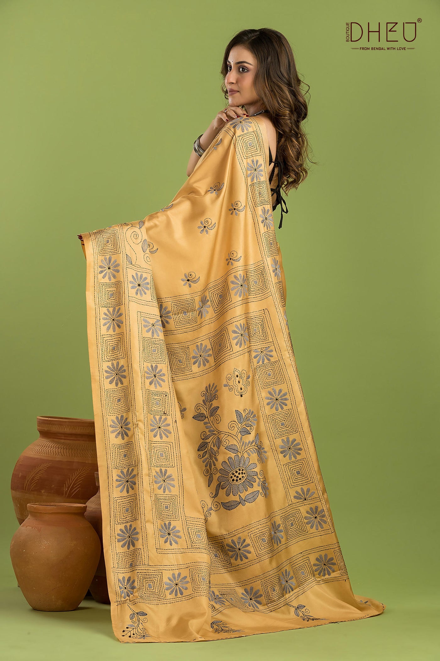 Bangalore Silk Kantha Stitch Saree
