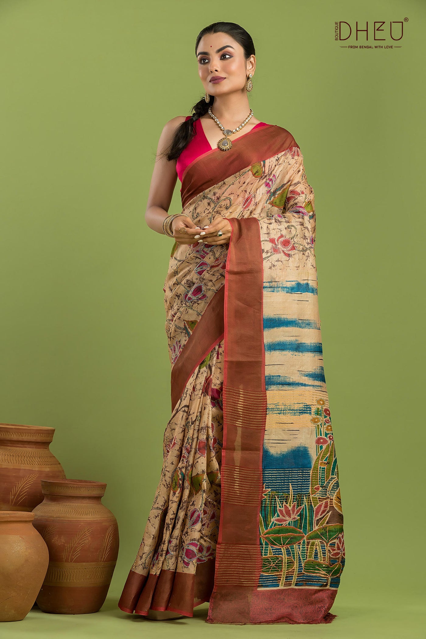 Pure Tussar Silk Kantha Stitch Saree (Silk Mark Certified)