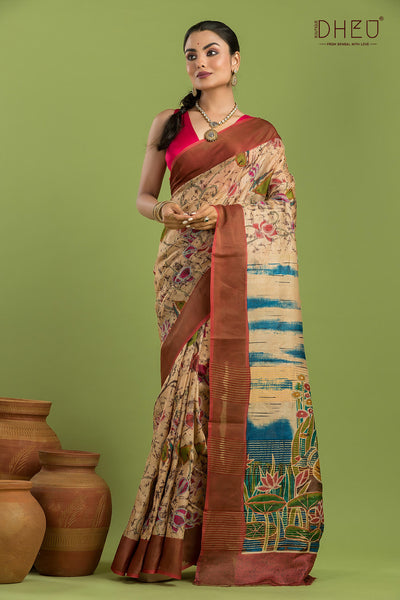 Pure Tussar Silk Kantha Stitch Saree (Silk Mark Certified)