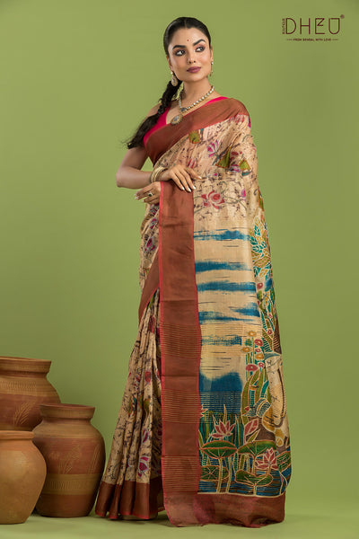 Pure Tussar Silk Kantha Stitch Saree (Silk Mark Certified)