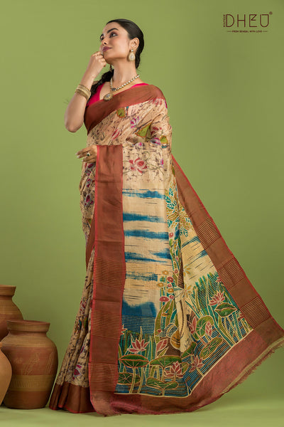 Pure Tussar Silk Kantha Stitch Saree (Silk Mark Certified)