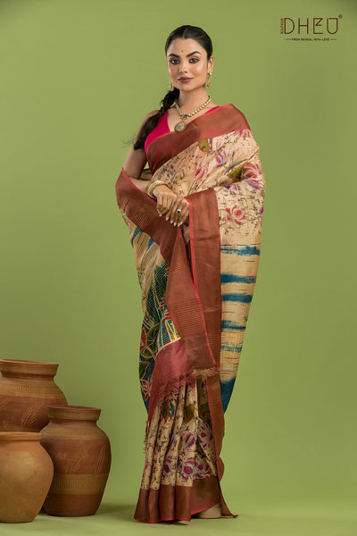 Pure Tussar Silk Kantha Stitch Saree (Silk Mark Certified)