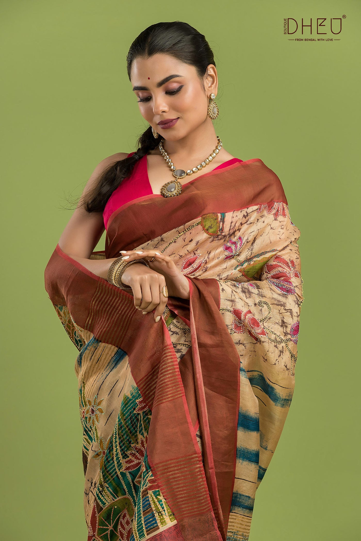 Pure Tussar Silk Kantha Stitch Saree (Silk Mark Certified)