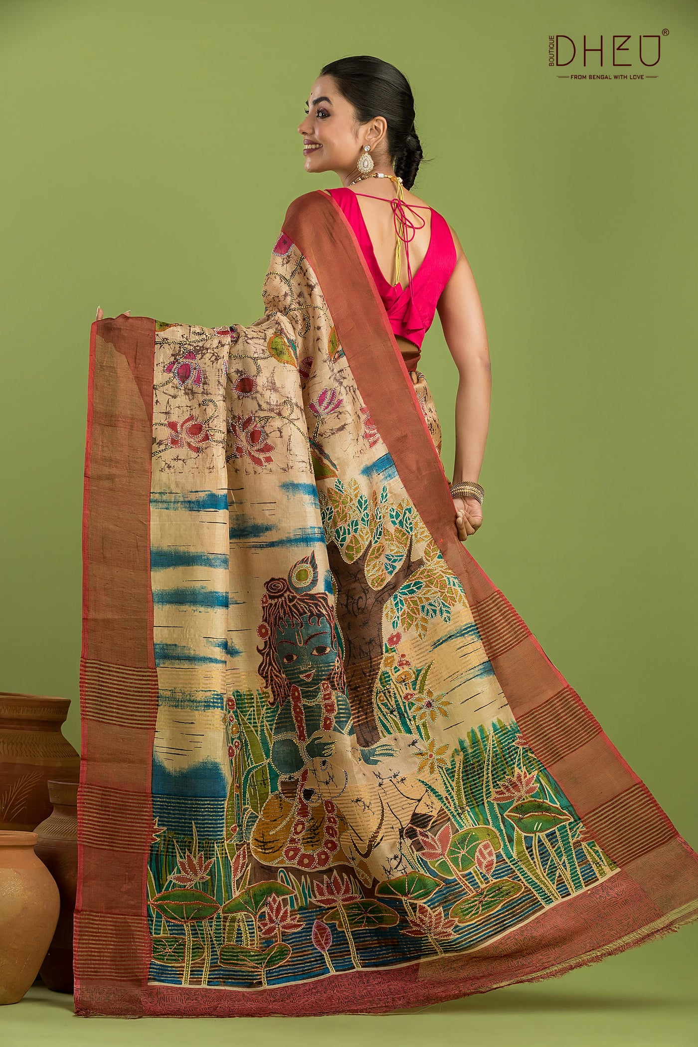 Pure Tussar Silk Kantha Stitch Saree (Silk Mark Certified)