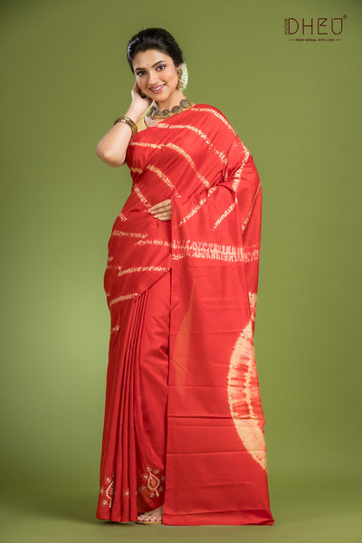 Pure Silk Batik & Kantha Stitch Saree (Silk Mark Certified)