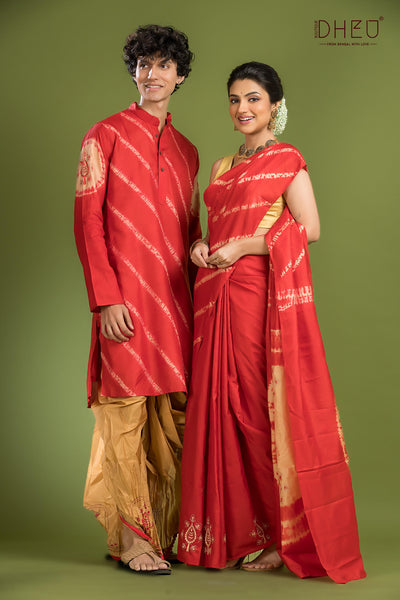 Exclusive Pure Silk Saree, Kurta & Dhoti(Optional) Couple Set