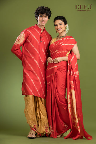 Exclusive Pure Silk Saree, Kurta & Dhoti(Optional) Couple Set