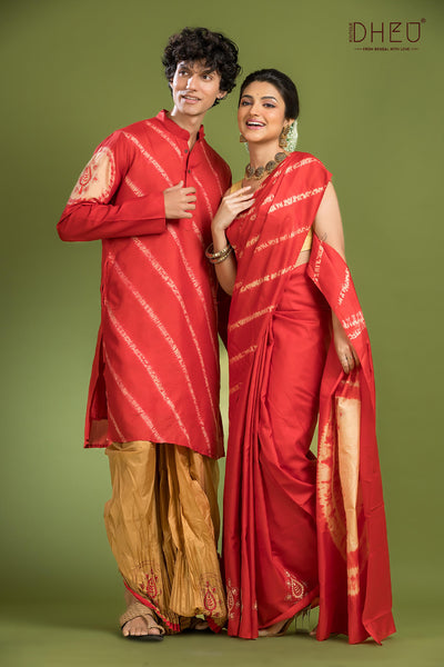Exclusive Pure Silk Saree, Kurta & Dhoti(Optional) Couple Set