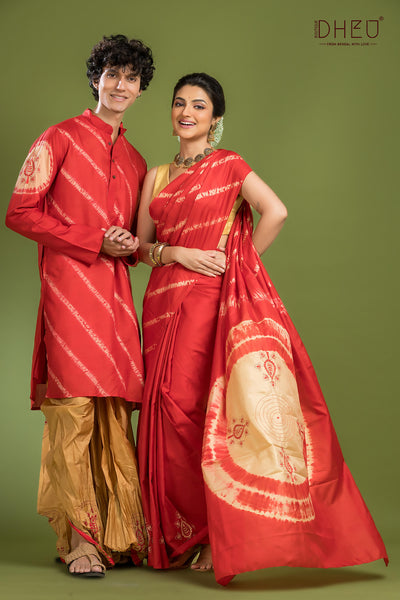Exclusive Pure Silk Saree, Kurta & Dhoti(Optional) Couple Set
