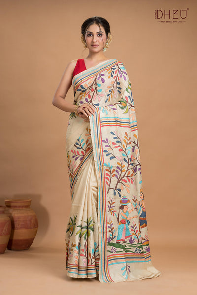 Pure Tussar Silk Kantha Stitch Saree (Silk Mark Certified)