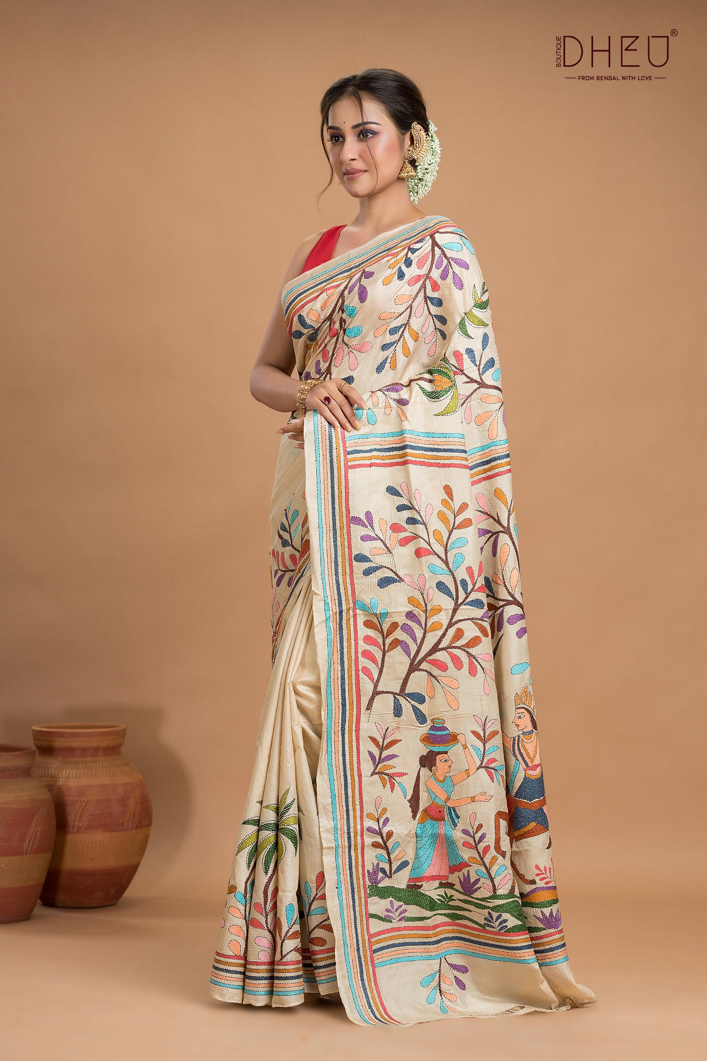 Pure Tussar Silk Kantha Stitch Saree (Silk Mark Certified)