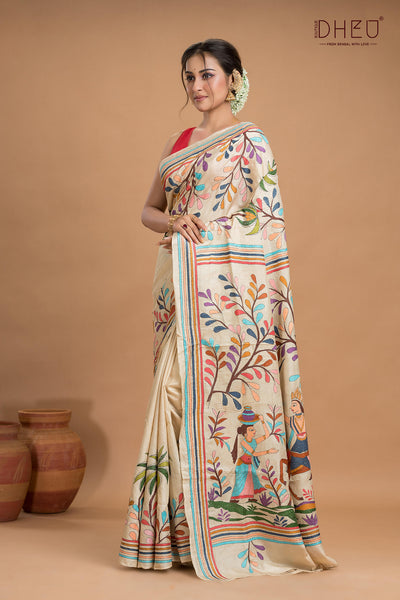 Pure Tussar Silk Kantha Stitch Saree (Silk Mark Certified)