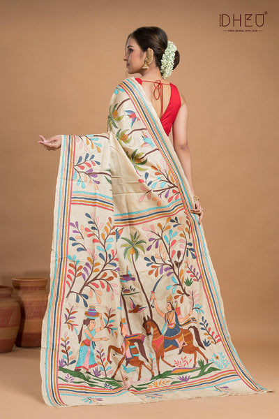 Pure Tussar Silk Kantha Stitch Saree (Silk Mark Certified)