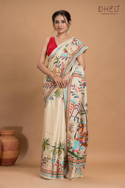 Pure Tussar Silk Kantha Stitch Saree (Silk Mark Certified)