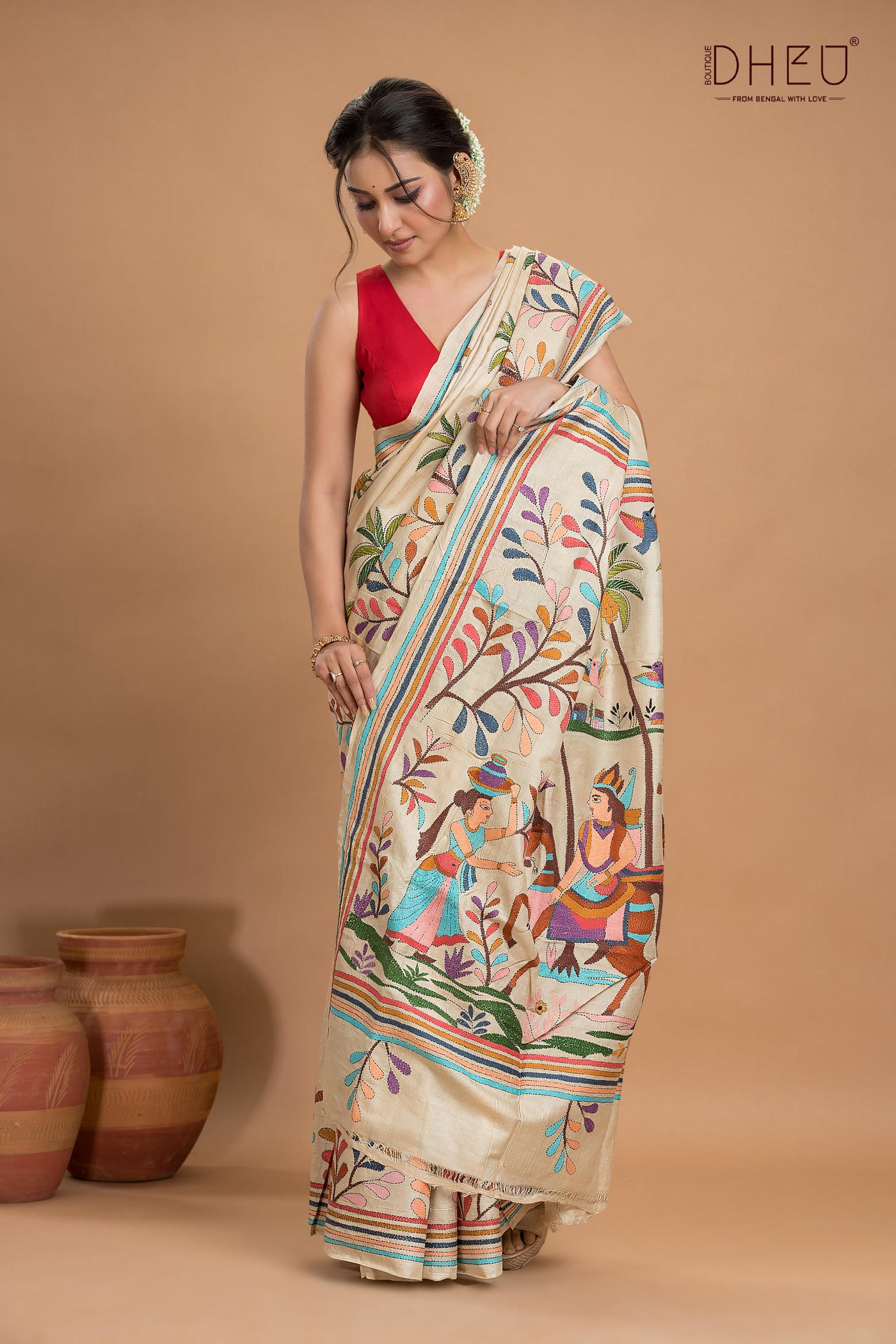 Pure Tussar Silk Kantha Stitch Saree (Silk Mark Certified)