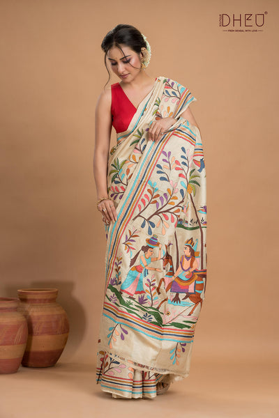 Pure Tussar Silk Kantha Stitch Saree (Silk Mark Certified)