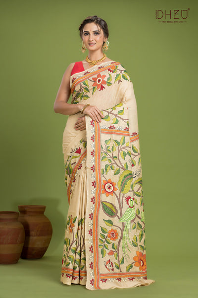 Pure Tussar Silk Kantha Stitch Saree (Silk Mark Certified)