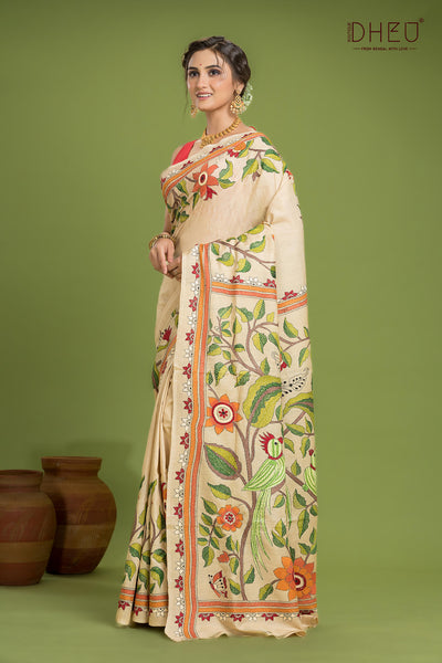 Pure Tussar Silk Kantha Stitch Saree (Silk Mark Certified)