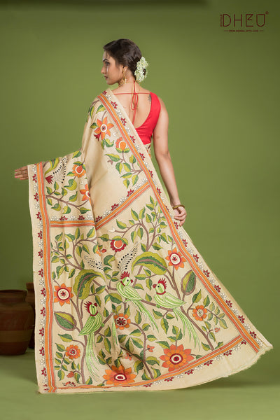 Pure Tussar Silk Kantha Stitch Saree (Silk Mark Certified)